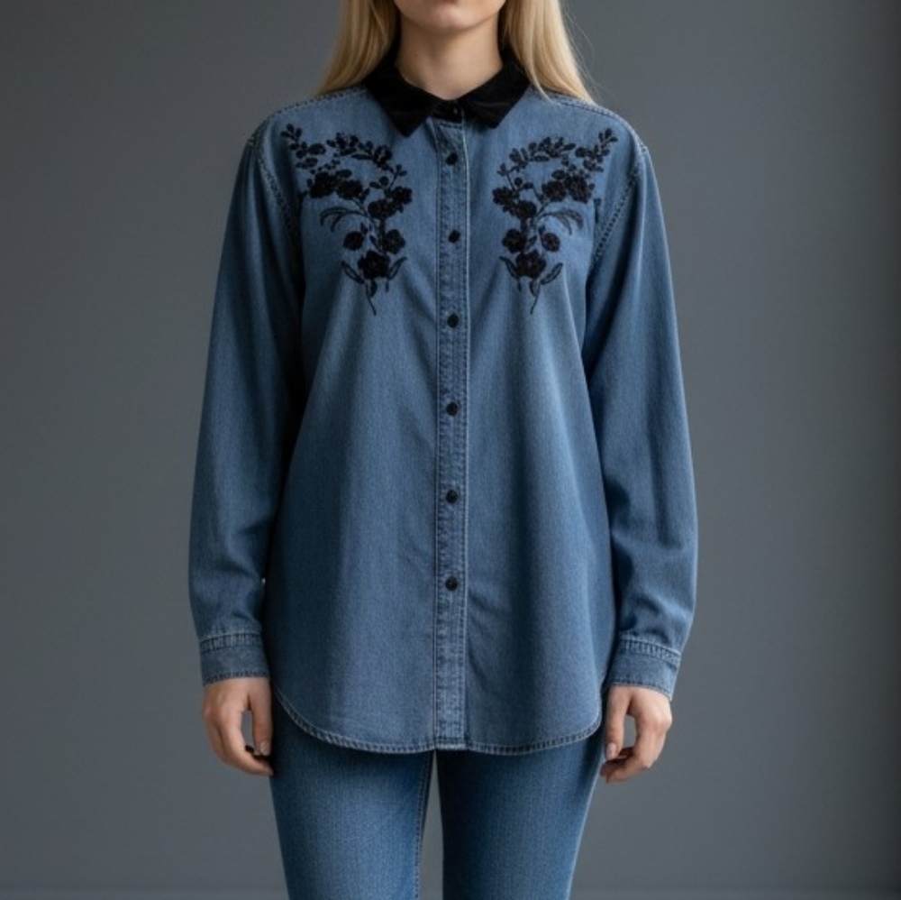 Cabin CREEK 1980s Embroidered Velvet Collar Button Down Denim Shacket